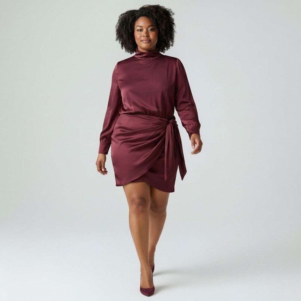 Asos Design Curve Burgundy Satin Mini Dress Tie Waist High Neck Womens Size 18